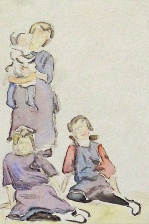101199_ Mutter mit Töchtern, Aquarell-Bleistift, um1925, Vorderseite des Blattes