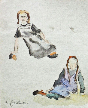 101197_1  Zwei sitzende Mädchen, Aquarell-Bleistift,  1923,  Vorderseite-signiert