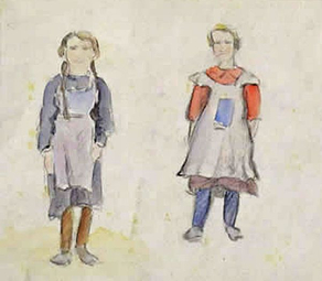 101200_ Mädchen mit Schürzen, Aquarell-Bleistift, um1925,