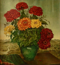 Zinnien in jade Vase vor Landschaft